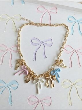 Gold Bow Charm Necklace with Pastel Accents